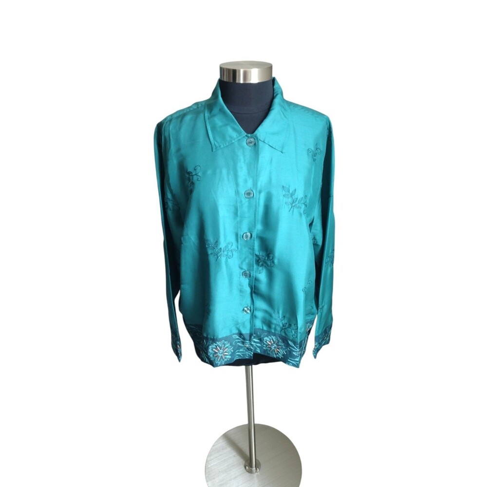 Coldwater Creek Vintage 100% Silk Teal Blue Embroidered Bottom Down Top Size 1X